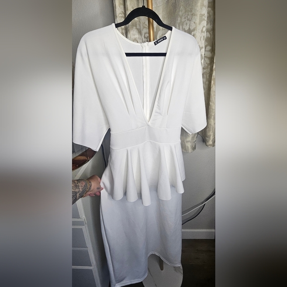 shein peplum dress SHEIN Lady Women's Peplum Hem & Split Back Dress With Frill Trim